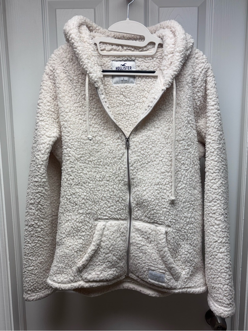 Hollister Sherpa Zip Hoodie Jacket Cream Cozy Fleece Size Large